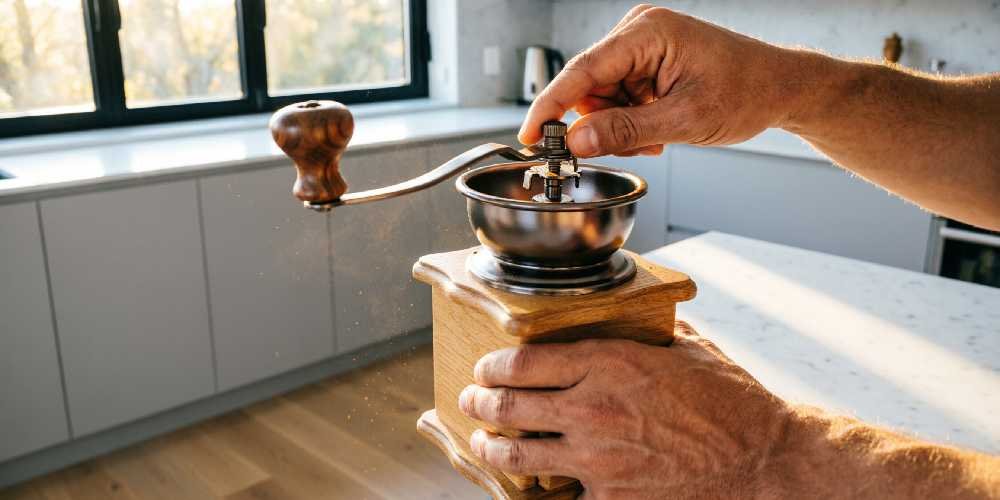 Atmosphère café du matin : tasse fumante, moulin manuel en bois posé à côté, journal ouvert, lumière rasante de fenêtre, ambiance cozy et slow life.